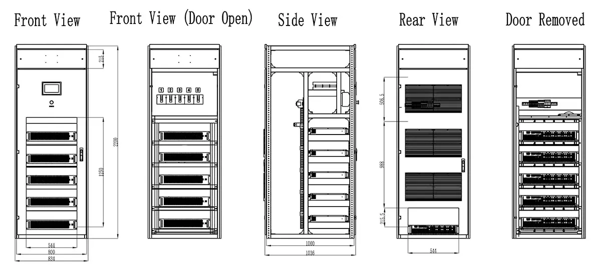Active harmonic filter cabinet structure and mechanical views including front side and rear views