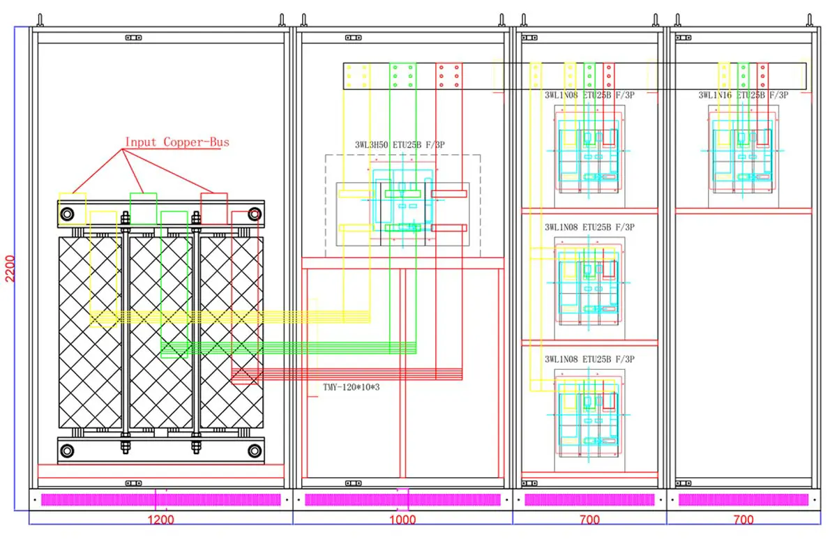 Customized three-phase transformer structure design drawing for semiconductor manufacturing application
