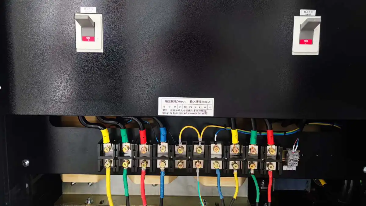 Input and output power terminals inside the cabinet of the 200kVA IGBT static voltage stabilizer.