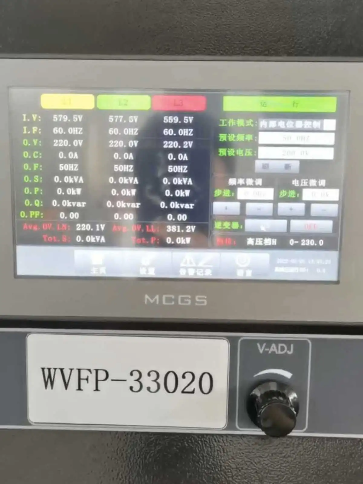 WVFP-33020 panel showing elevated input voltages and an output of approximately 381.2V line-to-line at 50Hz during the high voltage input test.