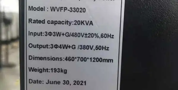 WVFP-33020 nameplate showing a 20kVA rating, 480V ±20% at 60Hz input, and 380V at 50Hz output.