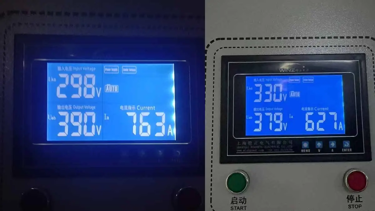 On-site voltage verification: input approximately 298V, output approximately 390V