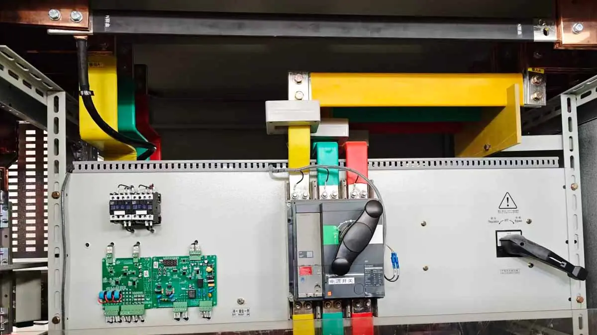 Front busbar connection of 800KVA voltage stabilizer cabinet for Schneider BlokSeT LV switchgear integration