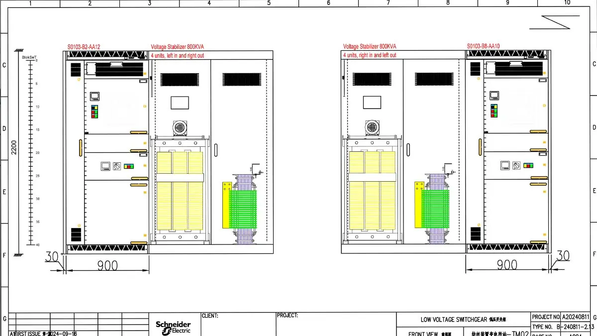 Schneider BlokSeT LV switchgear integration drawing for 800KVA voltage stabilizer system