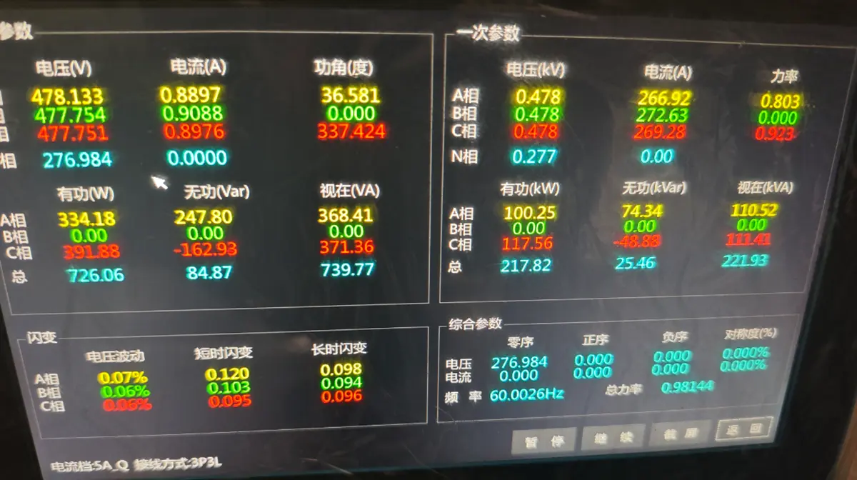 Generator operating data showing approximately 478 V and 60 Hz during backup operation at Diamond Regional Hospital