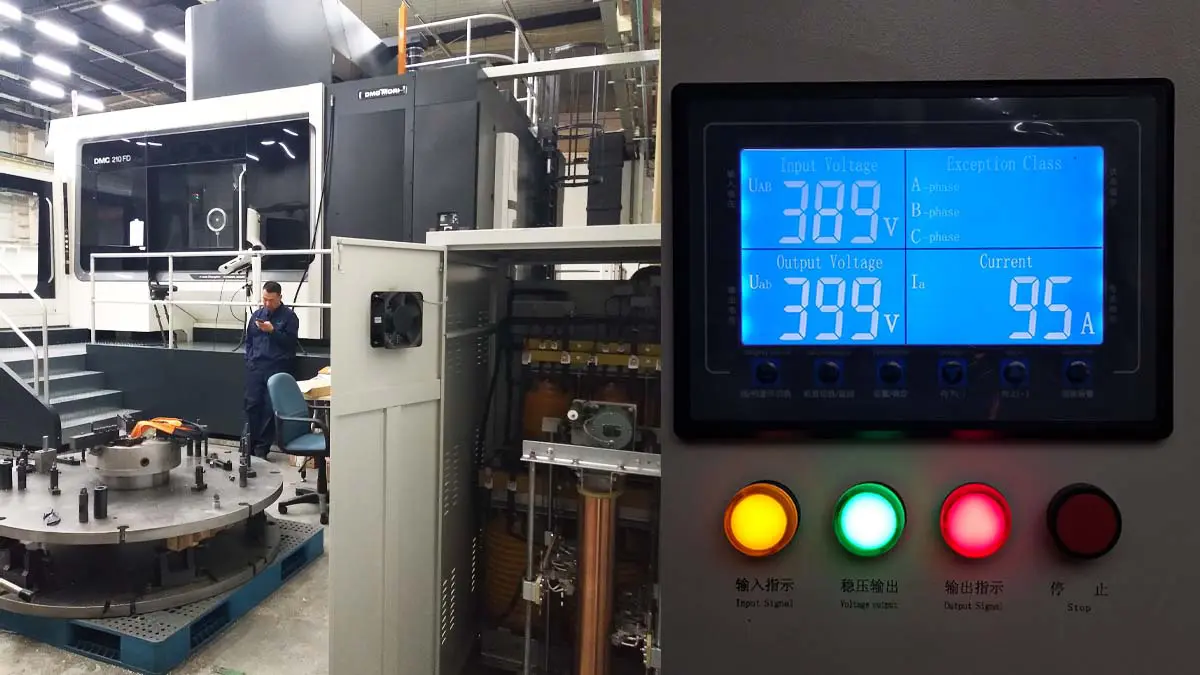 250KVA voltage stabilizer for DMG MORI DMC 210 FD showing 385V input and 395V output