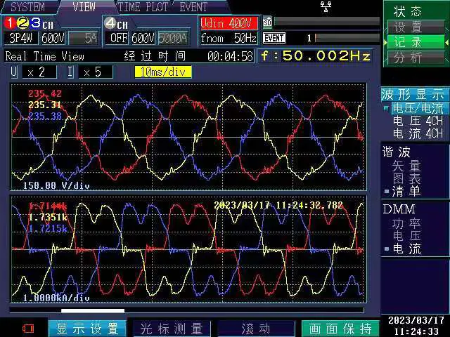 Voltage and current waveforms before AHF harmonic compensation showing distortion from semiconductor manufacturing loads