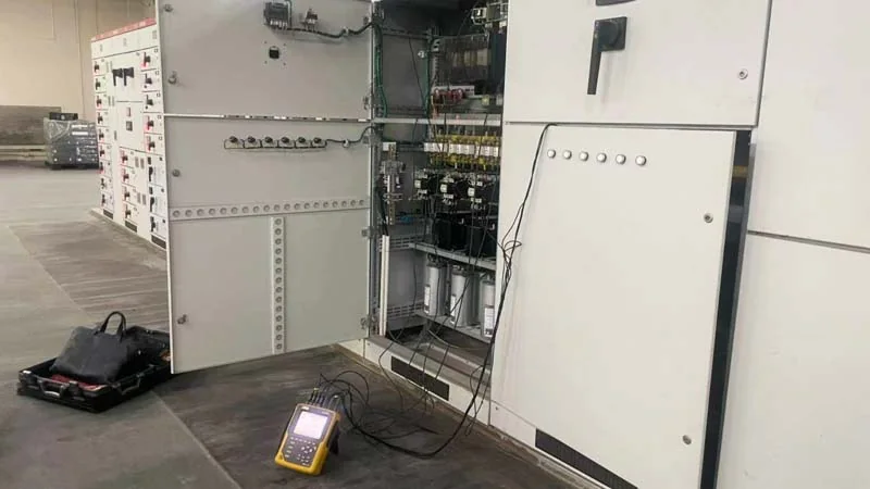 Power-quality analyzer connected to an open industrial distribution cabinet for harmonic measurement