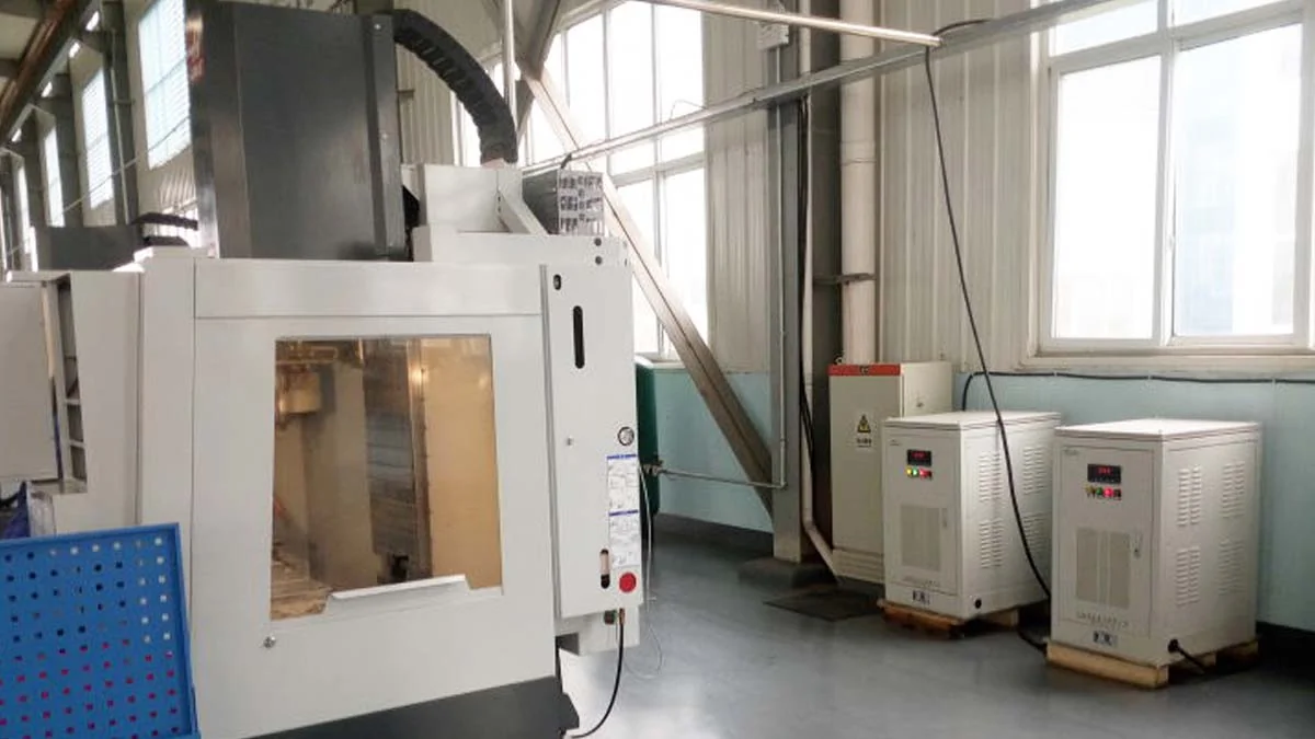 CNC workshop with multiple machine tools and voltage stabilizer system