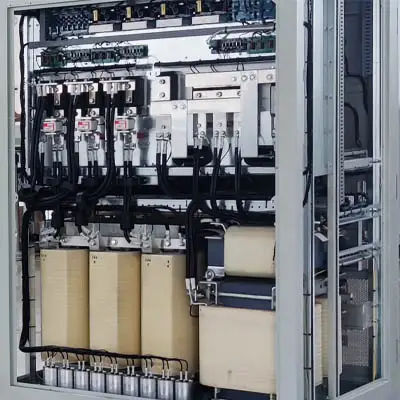 IGBT stabilizer cabinet with switchgear, conductors, and magnetic components