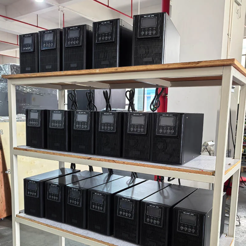 Completed UPS units arranged on factory shelving