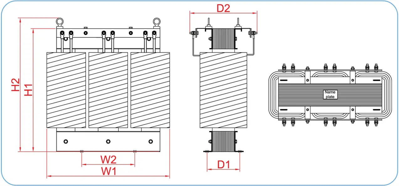 Three phase isolation transformer mechanical dimension drawing for installation reference