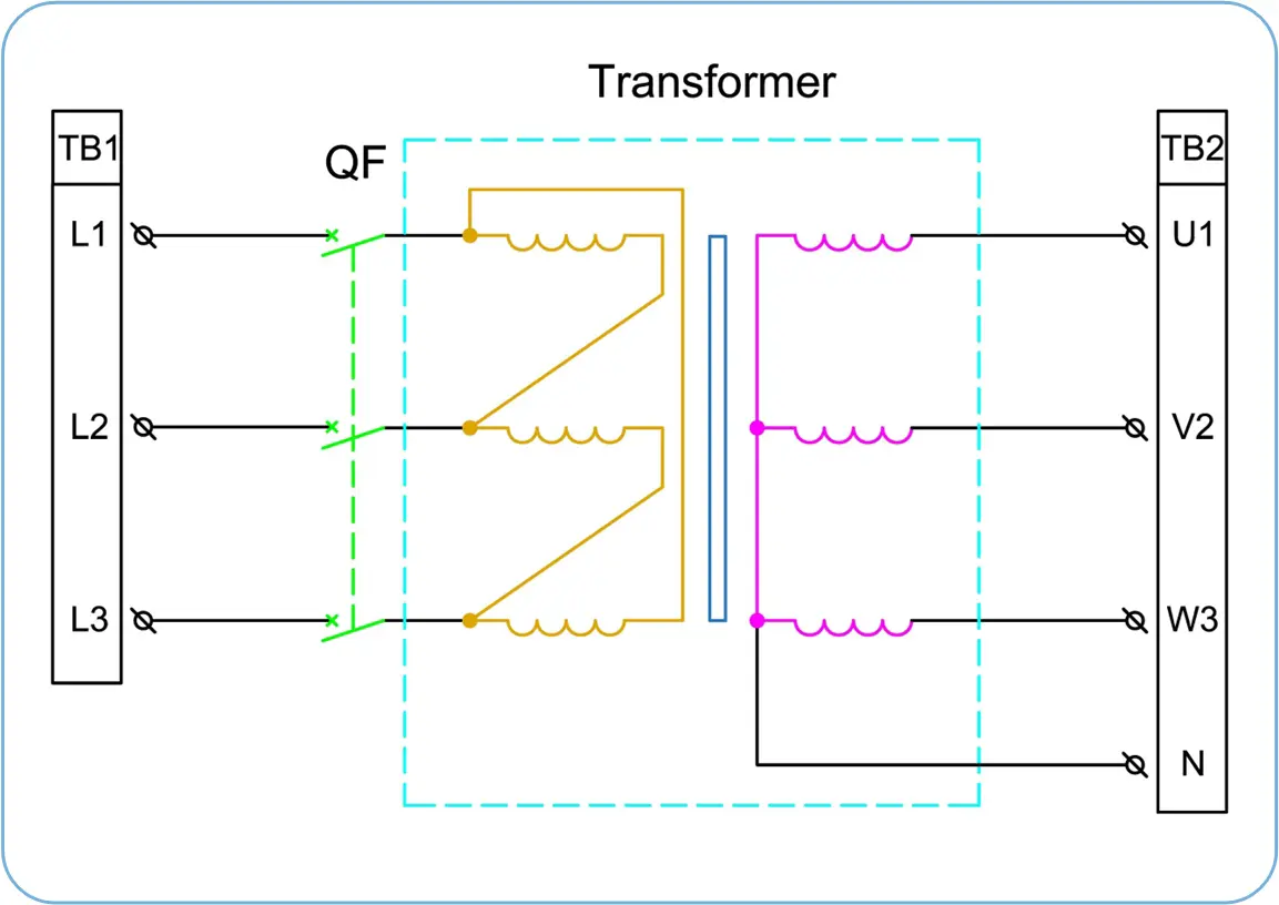 Three phase isolation transformer electrical principle diagram showing primary and secondary winding isolation